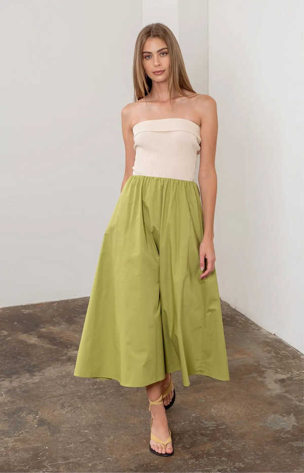 FOLD OVER STRAPLESS MIXED MEDIA DRESS