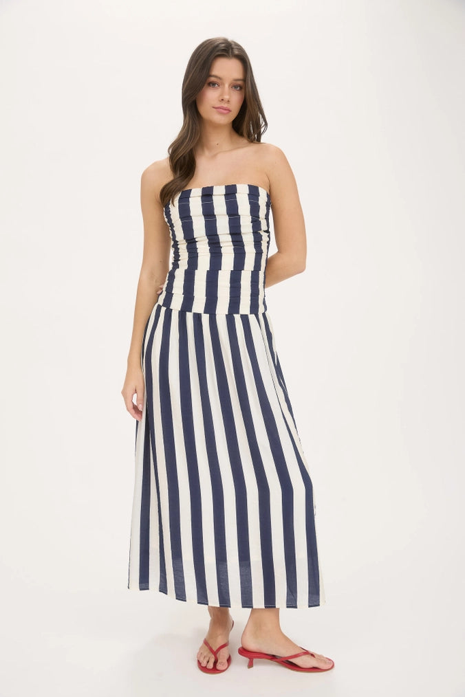 STRIPE STRAPLESS MIDI DRESS