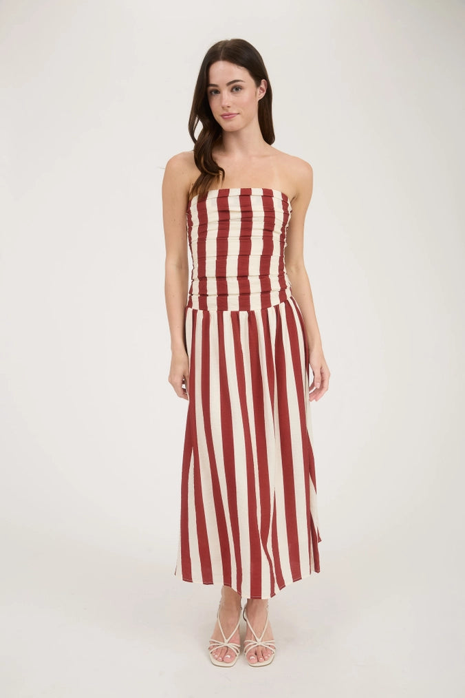 STRIPE STRAPLESS MIDI DRESS