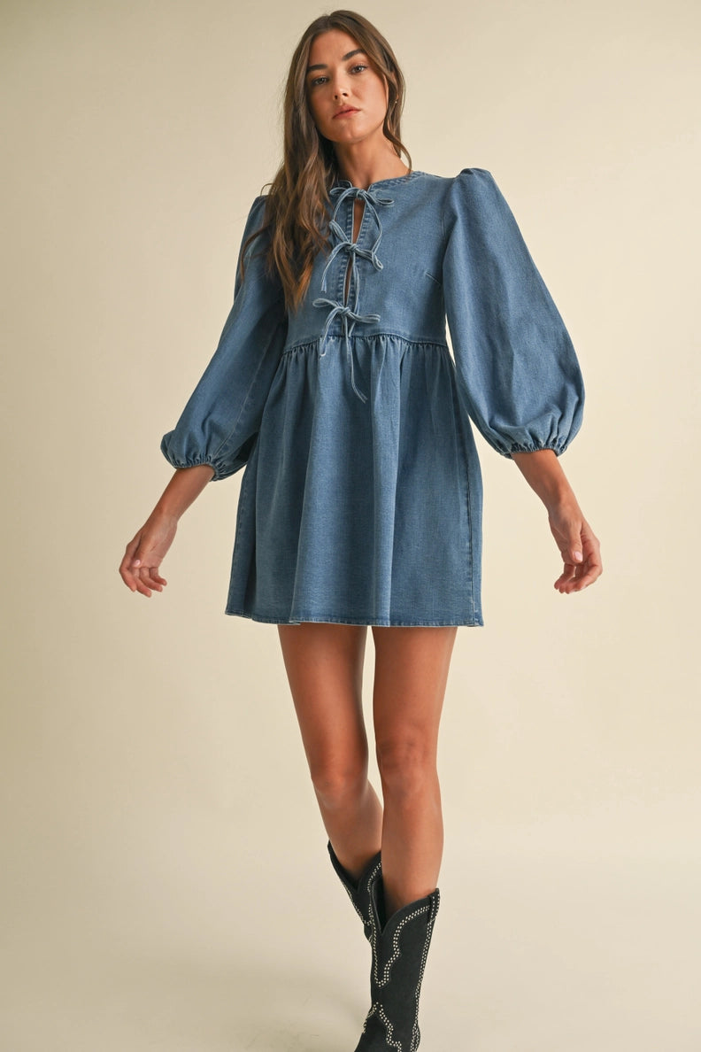 DENIM DRESS WITH PUFF SLEEVES